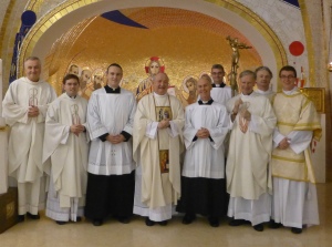 Left to right: Monsignor Ciarán O'Carroll (Rector), Fr Hugh Clifford (Director of Formation), Mr Brian O'Driscoll (new Reader), Bishop Raymond Field (celebrant), Mr James Daly (new Reader), Mr Stephen Duffy (Master of Ceremonies for the Mass), Fr Thomas Norris (Spiritual Director), Fr George Hayes (Vice Rector), and Rev. Aidan McCann (Deacon for the Mass).