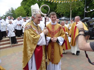 Fr Conor McCarthy with Bishop Anthony Farquhar, Auxiliary Bishop of Down and Connor after his ordination to the Priesthood.