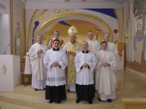 Photographs shows (left to right): Fr Thomas Norris (Spiritual Director), Rev. Stephen Duffy (Deacon for the Mass), Mr Robert Smyth (new Acolyte), Archbishop Claudio Maria Celli (President, Pontifical Council for Social Communications), Mr James Daly (new Acolyte), Mons. Ciarán O'Carroll (Rector), Fr Hugh Clifford (Director of Formation), Fr George Hayes (Vice Rector).
